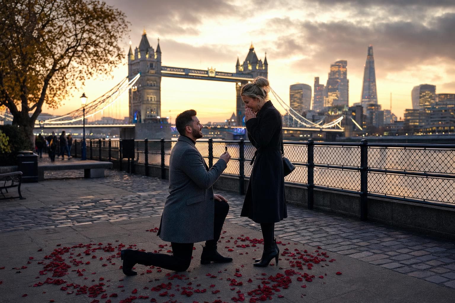 Romantic marriage proposal setting in London with the London skyline at dusk